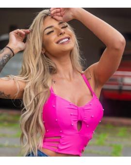 Cropped Feminino Suplex Bordado Rosa Neon