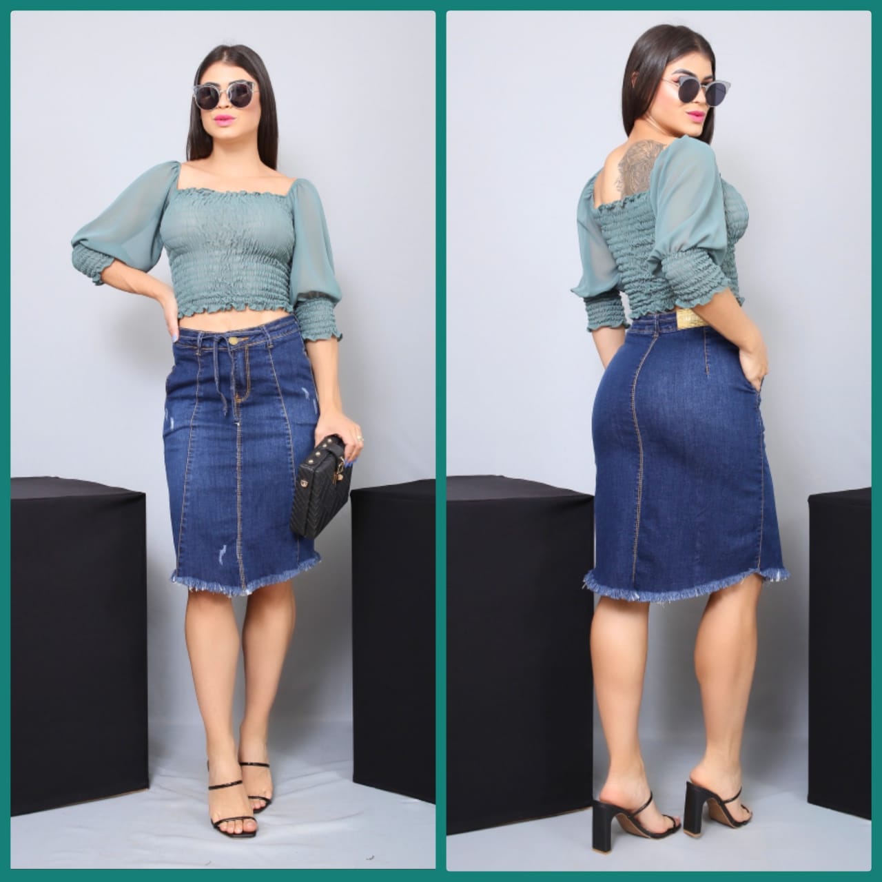 saia jeans midi desfiada