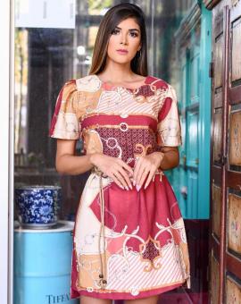 Vestido em Viscose Manga Curta Estampado