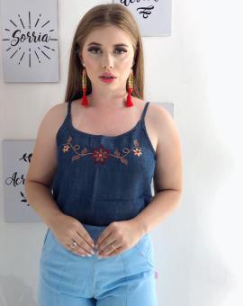 Regata Feminina Soltinha Jeans com Bordado