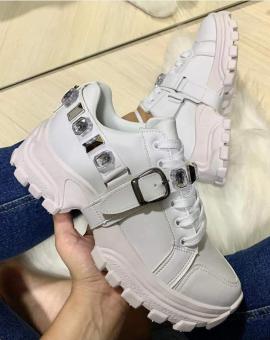 Tênis Feminino Tratorado Branco com Pedraria
