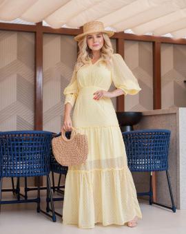 Vestido Longo Manga Bufante no Tule de Bolinha