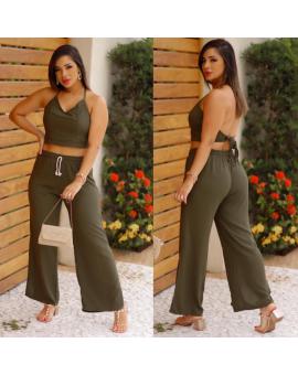 Conjunto Feminino Calça Pantalona e Cropped de Amarrar