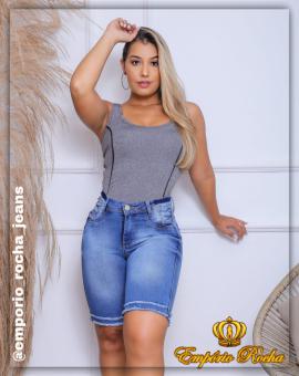 Bermuda Jeans Ciclista Feminina Cintura Alta Barra Desfiada