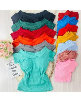 Blusa Feminina Canelada de Manguinha Gola V