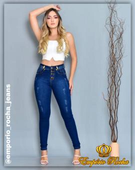 Calça Jeans Feminina Cintura Alta Escura com Botões