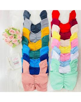 Cropped Feminino Curto Canelado com Babado na Manga