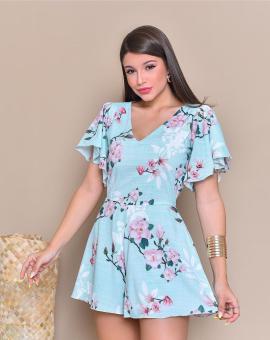 Macaquinho Curto Estampa Floral Manga Babado