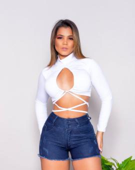 Short Jeans Feminino Cintura Alta Escuro Botões Encapado