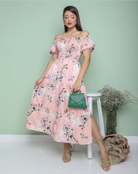 Vestido Ciganinha Longuete com Fenda Lateral Estampado