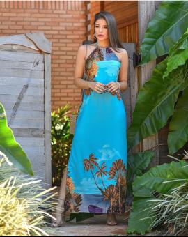 Vestido Longo Costa Nua com Fenda Estampado