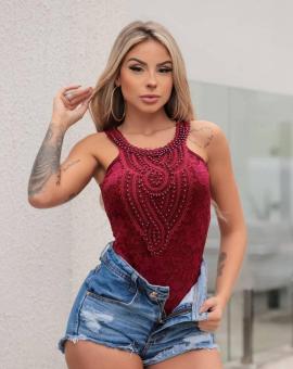 Body Feminino em Renda Bordado Perolas com Bojo