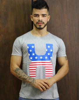 Camiseta Masculina Gola O Cinza Estampada