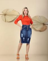 Saia Jeans Evangélica Midi Escura com Destroyed Atacado na Rua 44 em Goiânia