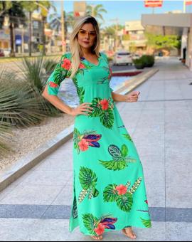 Vestido Longo Manga 3/4 no Crepe de Seda Estampado