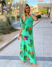 Vestido Longo Manga 3/4 no Crepe de Seda Estampado Atacado na Rua 44 em Goiânia