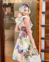 Vestido Midi Manga Babado no Crepe de Seda Estampado Atacado na Rua 44 em Goiânia