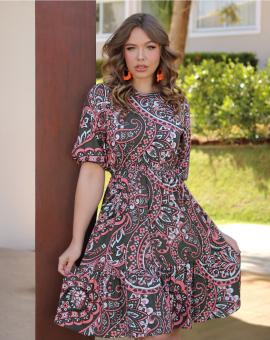 Vestido Rodado no Viscolinho de Manguinha Estampado