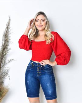 Bermuda Jeans Ciclista Feminina Escura com Botões