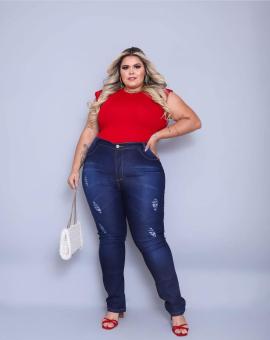 Calça Jeans Feminina Plus Size Cintura Alta com Destroyed