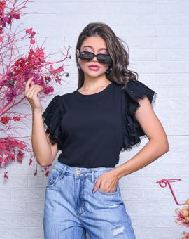 T-Shirt Feminina de Luxo Preta Manga Babado com Pérolas