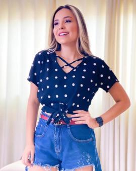 Blusa Feminina Poá Manga Curta Estampada de Amarrar