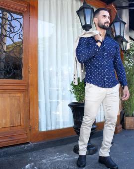 Camisa Masculina Manga Longa Social Estampada Azul Marinho