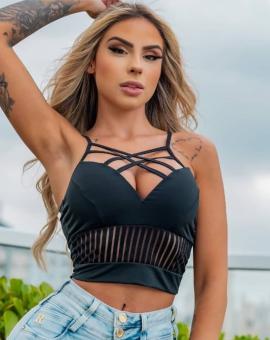 Cropped Feminino Preto Decote Cruzado com Bojo