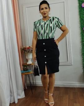 Saia Midi Evangélica Preta com Botões Cintura Alta