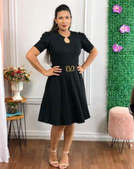 Vestido Midi Gode Manga Bufante Preto