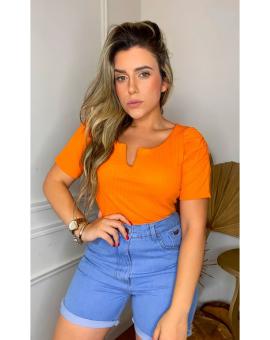 Blusa Canelada Feminina Manga Bufante com Decote