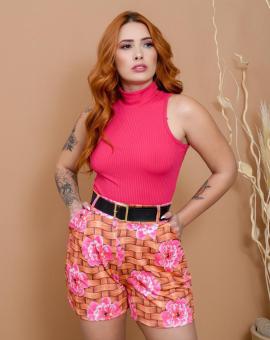 Blusa Feminina Canelada Gola Alta Cavada Rosa