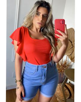 Blusa Feminina Malha Canelada Manguinha com Babado