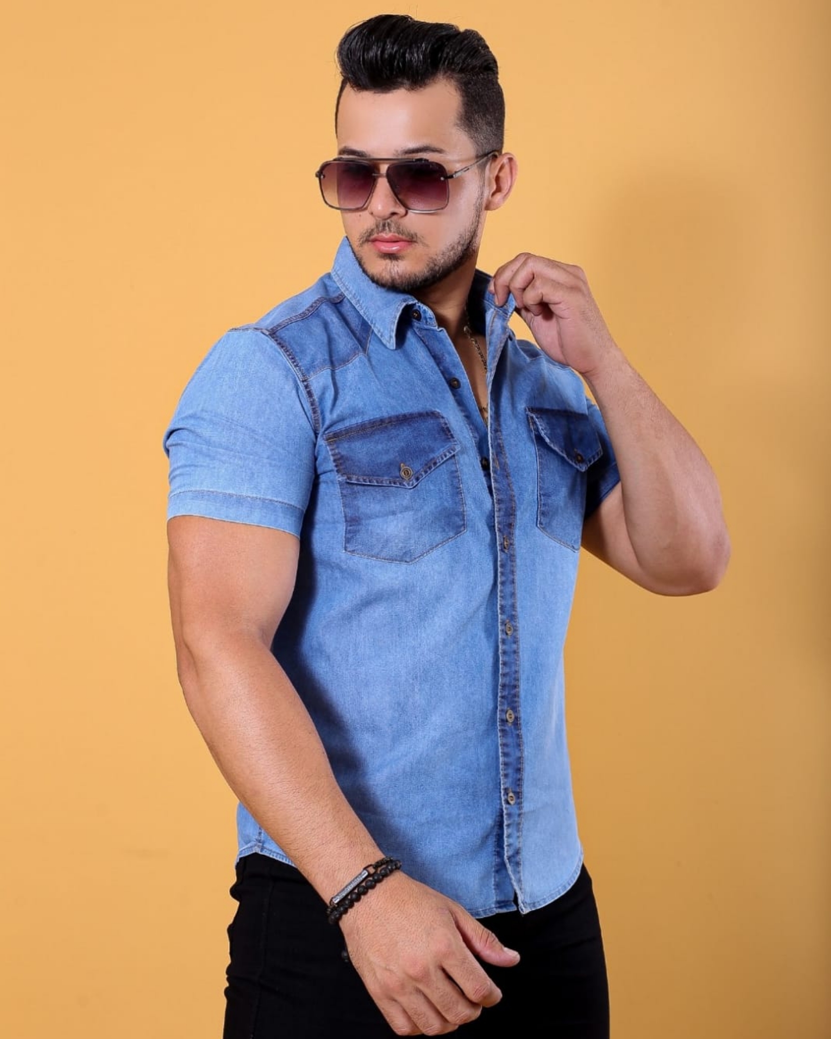 camisa jeans infantil masculina manga curta