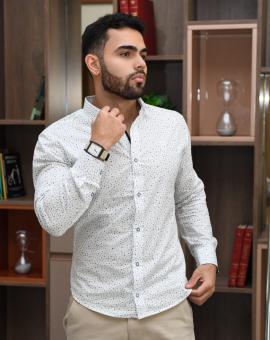 Camisa Social Masculina Manga Longa Branca Estampada