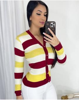 Casaco Feminino de Tricot com Botões Listrado