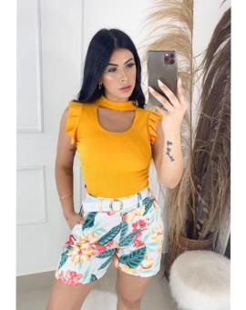 Conjunto Feminino Blusinha Canelada e Short com Cinto