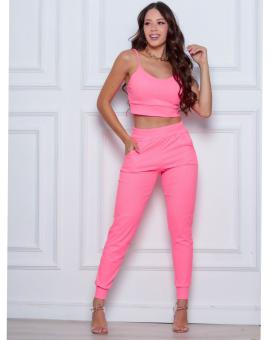 Conjunto Feminino Canelado Calça Jogger e Cropped de Alcinha