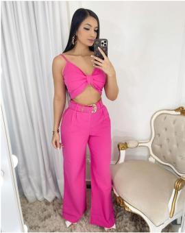 Conjunto Feminino no Linho Calça Pantalona e Cropped
