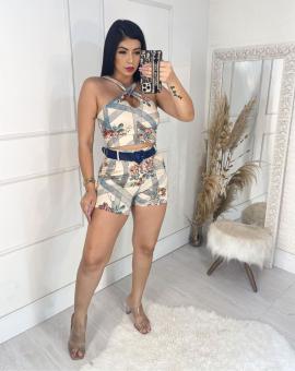 Conjunto Short e Cropped Cruzado no Suplex Estampado