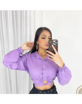 Cropped Camisa no Viscolinho Manga Longa Bufante