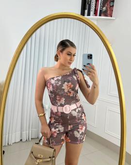 Macaquinho no Suplex Estampado com Laço