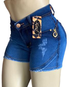 Short Jeans Feminino Barato Cintura Alta Barra Desfiada