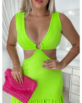 Vestido Canelado Verde Lima com Recorte na Cintura