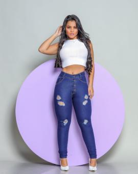 Calça Jeans Feminina Botões Encapados com Destroyed