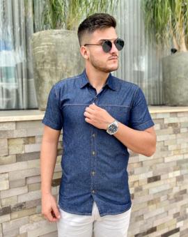 Camisa Jeans Masculina Slim Manga Curta