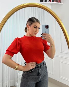 Blusa Feminina Canelada Manga Bufante Gola Alta