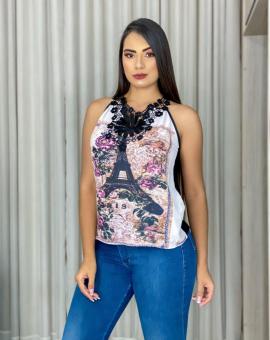 Blusa Feminina Regata Estampada Detalhe Guipír