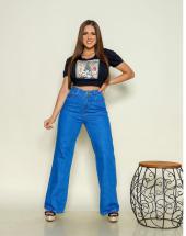 Calça Jeans Wide Leg Feminina Cintura Alta Azul Atacado na Rua 44 em Goiânia