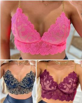 Cropped de Renda com Bojo e Alça de Corrente